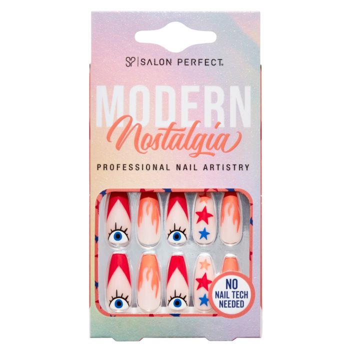 A front view of Salon Perfect Modern Nostalgia Fire Tip Artificial Nail set in packaging
