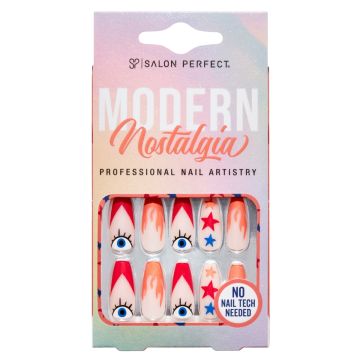 A front view of Salon Perfect Modern Nostalgia Fire Tip Artificial Nail set in packaging
