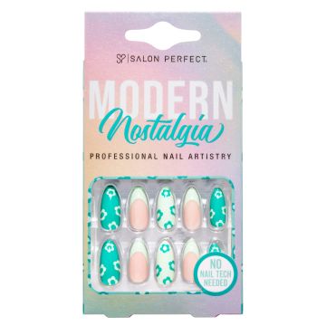 A front view of Salon Perfect Modern Nostalgia Mint Daisy Artificial Nail set in packaging
